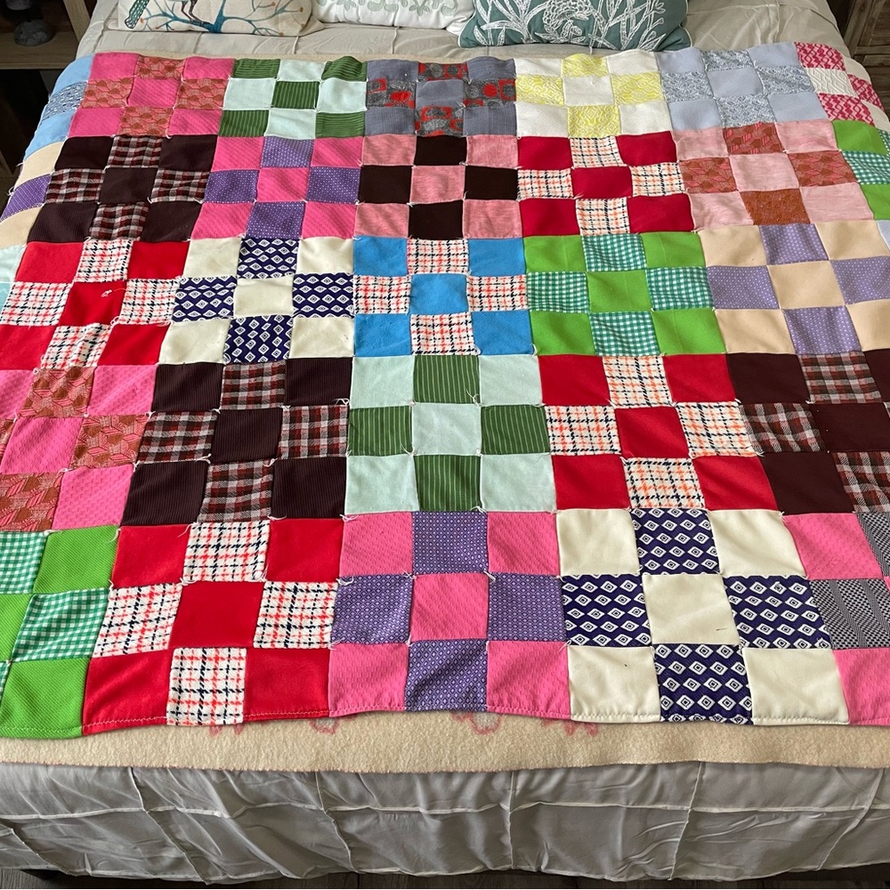 70’s Handmade Machine Sewn Colorful Patchwork Quilt